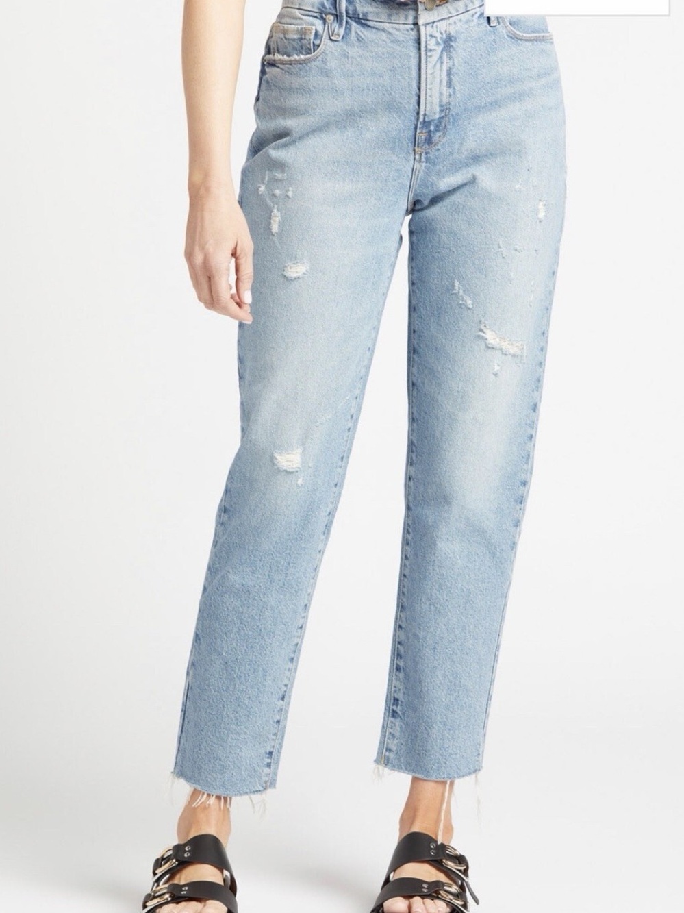 Good American The Weekender Straight Fit Distressed Denim Raw Hem Jeans Size 8